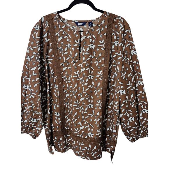 Lands' End Cotton Long Sleeve Split Neck Tunic Top‎ Women's 1X 16-18 Brown Lace - Picture 3 of 8
